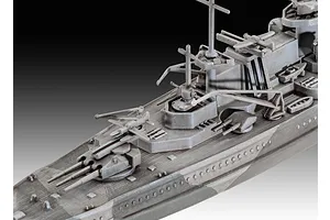 Close-up of the deck of a 1/1200 scale Revell Gneisenau battleship model, showing grey plastic turrets, masts, and deck details.