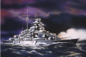 An artistic illustration of the German battleship Bismarck at sea, firing its main guns against a dark, stormy sky.