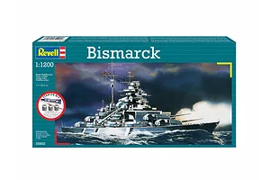 Revell 1/1200 scale Bismarck battleship plastic model starter kit box showing an illustration of the ship at sea.