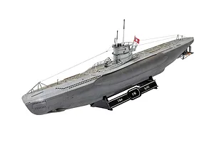 A fully assembled and painted 1/144 scale plastic model of the German U-96 submarine on a black display stand against a white background.