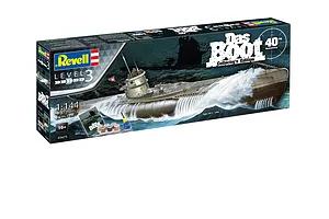 Revell 1/144 scale Das Boot U96 40th Anniversary model kit box showing a submarine in rough seas with included paints, glue, and a poster.