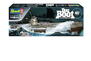 Revell 1/144 scale Das Boot U96 submarine model kit box showing the submarine in rough seas, including paints, glue, and a poster.