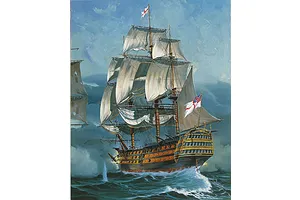 An artistic painting of the HMS Victory sailing on rough seas, showing its detailed rigging, sails, and stern gallery.