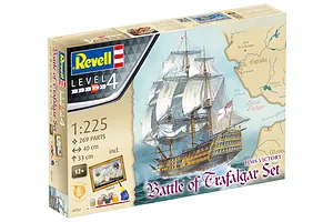 Revell 1/225 scale HMS Victory Battle of Trafalgar model kit box showing the ship at sea, paint pots, brush, and poster.
