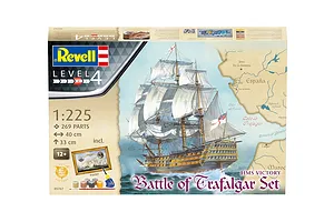 Revell 1/225 scale HMS Victory Battle of Trafalgar model kit box showing a finished ship model, paints, brush, and glue.