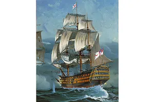A detailed painting of the HMS Victory sailing ship on the ocean with white sails and a British flag flying.