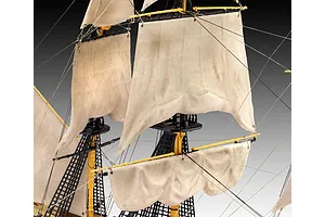 Close-up of the masts, rigging, and fabric sails on a Revell HMS Victory plastic model ship kit.
