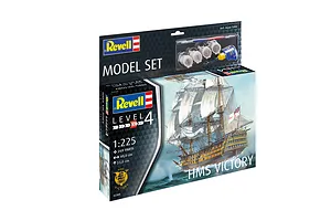 Revell 1/225 scale HMS Victory plastic model starter kit box showing the finished ship model, paints, glue, and brush included.
