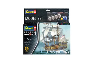 Revell 1/225 scale HMS Victory model ship starter kit box featuring an illustration of the ship at sea, including paints, glue, and a brush.