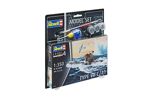 Revell 1/350 scale German Type VII C/41 submarine model starter kit in blister packaging with paint, glue, and brush included.