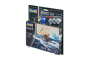 Revell 1/350 scale German Type VII C/41 submarine model kit in blister packaging with included paint, glue, and brush.