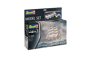 Revell 1/350 scale Gorch Fock model ship starter kit box, featuring a painting of the ship at sea and included paints, glue, and brush.