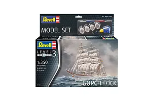 Revell 1/350 scale Gorch Fock model ship starter kit box showing the finished ship on the water, including paints, glue, and a brush.