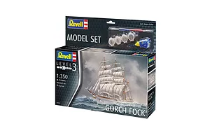 Revell 1/350 scale Gorch Fock model ship starter kit box, showing the finished ship on the packaging with included paints, glue, and a brush.