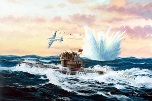 An artistic painting of a German Type VII C/41 submarine on the ocean surface, firing its deck guns at an attacking aircraft with a large water splash nearby.