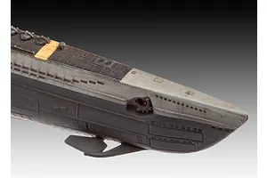 Close-up of the bow section of a painted 1/350 scale Revell German Type VII C/41 submarine model kit.
