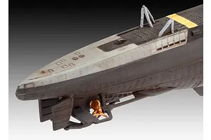 Close-up of the stern section of a 1/350 scale German Type VII C/41 submarine model, showing the rudder, propeller, and deck details.