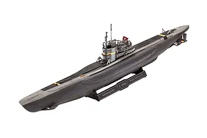 A fully assembled and painted 1/350 scale plastic model of a German Type VII C/41 submarine, mounted on a black display stand.