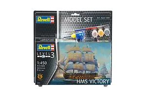 Revell 1/450 scale HMS Victory plastic model starter kit in blister packaging, including paints, glue, and a brush.