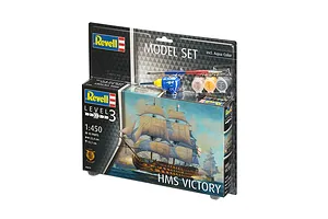 Revell 1/450 scale HMS Victory plastic model starter kit in blister packaging including paints, glue, and a brush.