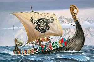 An artistic illustration of a Viking longship sailing on rough seas with a large sail featuring a horned helmet emblem.