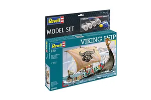 Revell 1/50 scale Viking Ship plastic model starter kit box, featuring an illustration of a Viking longship and included paints, brush, and glue.