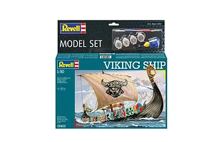 Revell 1/50 scale Viking Ship model kit packaging showing a painted model of a Viking longship on the sea.