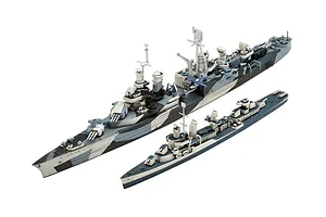 Two assembled and painted 1/700 scale plastic model ships, the USS Indianapolis and USS Fletcher, displayed against a white background.