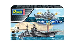 Revell 1/700 scale Pacific Warriors model kit box featuring USS Fletcher and USS Indianapolis ships on the water.