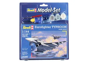 Revell 1/144 scale Eurofighter Typhoon plastic model starter kit in blister packaging with paint, glue, and brush included.