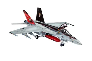 A completed 1/144 scale Revell F/A-18E Super Hornet plastic model kit, featuring VFA-31 squadron markings and a red fuel tank.