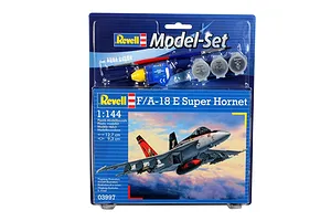 Revell 1/144 scale F/A-18E Super Hornet plastic model starter kit in blister packaging with included paint, glue, and brush.