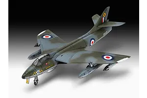 A completed 1/144 scale plastic model of a Hawker Hunter FGA.9 jet fighter, painted in camouflage with RAF markings.