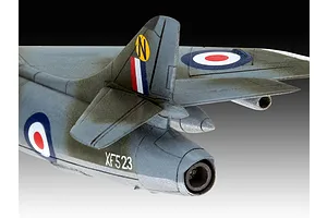 Close-up of the rear fuselage and tail section of a painted 1/144 scale Hawker Hunter model aircraft with RAF markings.