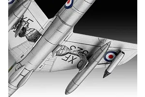 Close-up view of the underside of a silver Hawker Hunter model aircraft showing landing gear, fuel tanks, and RAF roundel markings.