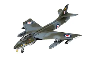 A completed 1/144 scale plastic model of a Hawker Hunter FGA.9 jet aircraft, painted in camouflage with RAF markings and external fuel tanks.