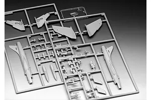 A grey plastic sprue frame containing various unpainted model aircraft parts for a 1/144 scale Hawker Hunter jet kit.