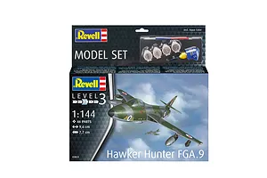 Revell 1/144 scale Hawker Hunter FGA.9 plastic model starter kit box showing the finished aircraft model and included paints and glue.