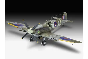 A completed 1/32 scale plastic model of a Supermarine Spitfire Mk.IXc fighter plane, painted in camouflage with RAF markings and a maple leaf emblem.