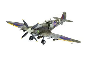 A fully assembled and painted 1/32 scale model of a Supermarine Spitfire Mk.IXc aircraft, featuring camouflage paint and RAF markings.
