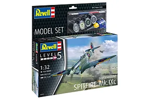 Revell 1/32 scale Supermarine Spitfire Mk.IXc model kit box showing artwork of a Spitfire in flight, including paint pots, glue, and a brush.