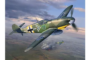 Digital illustration of two Messerschmitt Bf 109 fighter planes flying over a landscape with smoke in the distance.