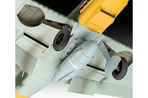 Underside view of a scale model Messerschmitt Bf 109 showing the landing gear and a drop tank with the text Keine Bombe!