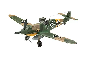 A fully assembled and painted 1/32 scale model of a Messerschmitt Bf 109 fighter plane, featuring a green and tan camouflage scheme with German markings.