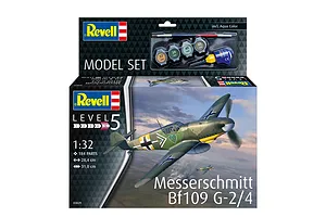 Revell 1/32 scale Messerschmitt Bf 109 G-2/4 model kit box featuring a painted aircraft illustration, paint pots, glue, and a brush.