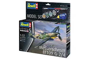 Revell 1/32 scale Messerschmitt Bf 109 G-2/4 plastic model starter kit box showing the finished aircraft model and included paints, brush, and glue.