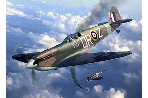 Digital artwork of a Supermarine Spitfire Mk.II with Iron Maiden Aces High livery flying through clouds with a second Spitfire and a falling enemy plane.