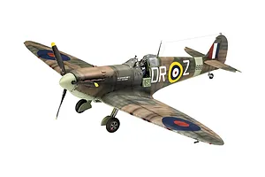 A fully assembled and painted 1/32 scale Revell Spitfire Mk.II model aircraft featuring Iron Maiden Aces High livery, shown against a white background.