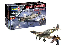 Revell 1/32 scale Spitfire Mk.II Aces High Iron Maiden model kit box and a fully assembled, painted model with two Eddie pilot figures.