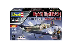 Revell 1/32 scale Spitfire Mk.II Aces High Iron Maiden model kit box showing the finished aircraft and two Eddie figures against a cloudy sky background.